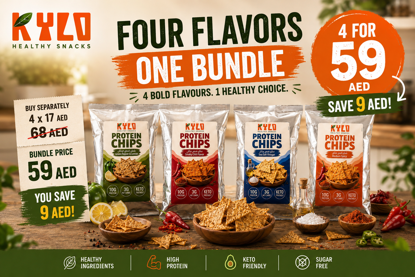 Bundle 4 flavors chips protein         Size 100g per bag